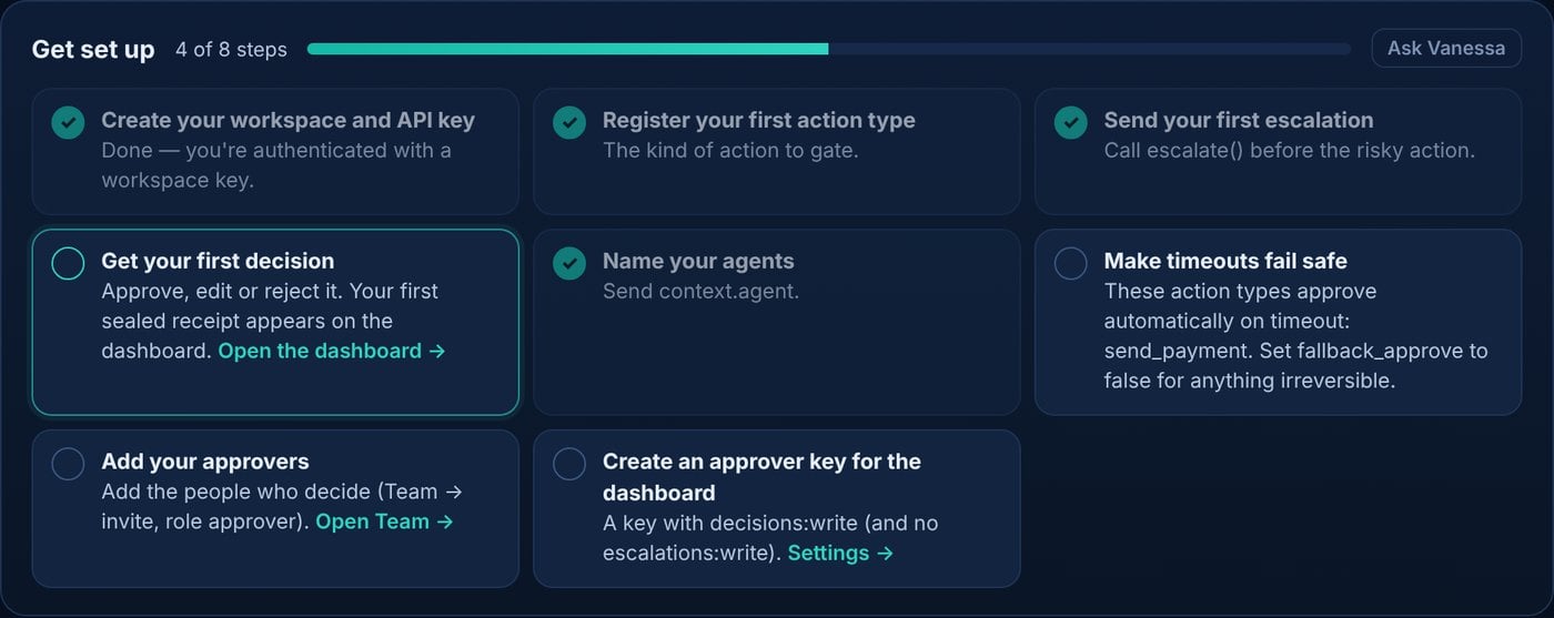 Avowex onboarding checklist showing 4 of 8 setup steps done, with the next step highlighted